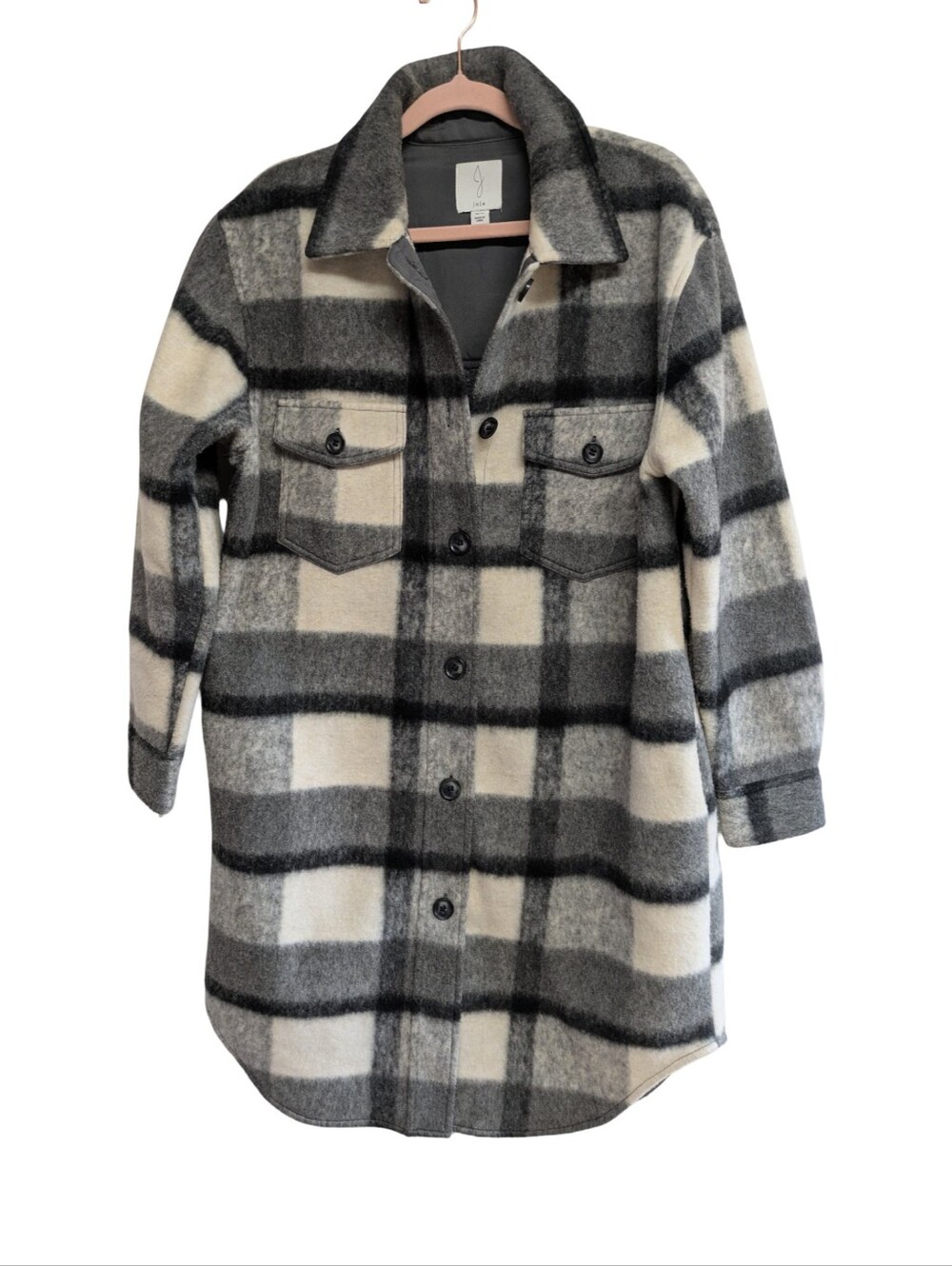 Joie Windowpane Shacket Sz M Long Button Up Plaid Cozy Fleecy Jacket